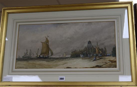 John Cuthbert Salmon (1844-1917) watercolour, At Lowestoft, Suffolk, signed and dated 1865 25 x 53cm.